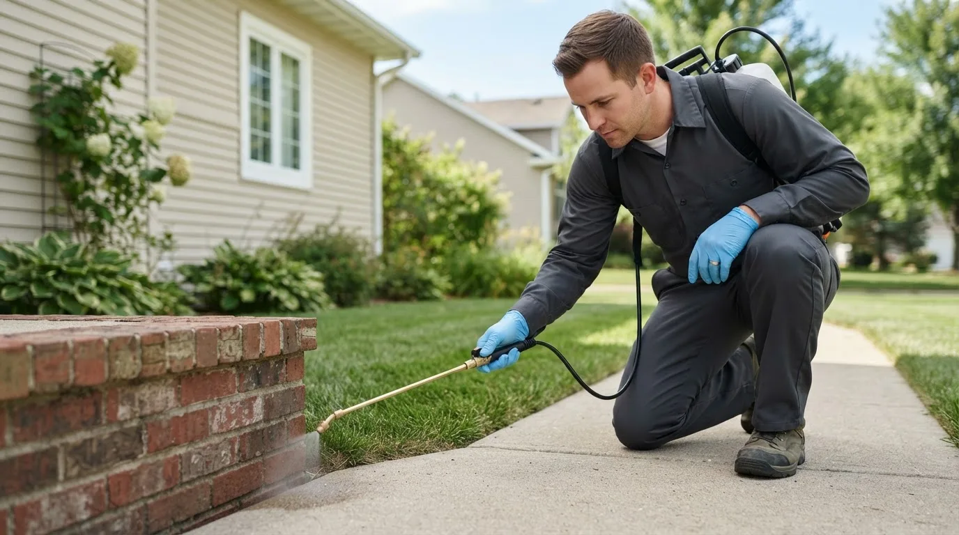Pest control technician treating a home near Amana, IA