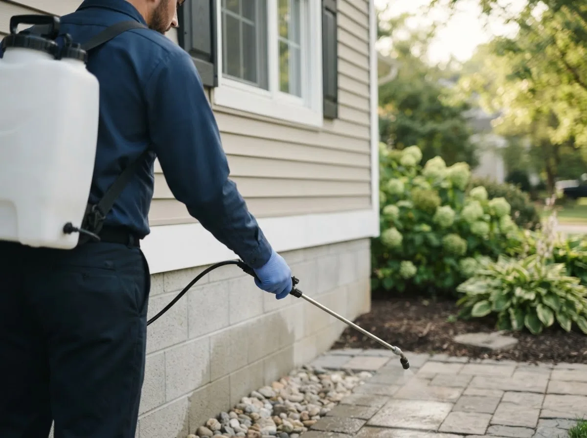 Pest control technician inspecting a home in Amana, IA